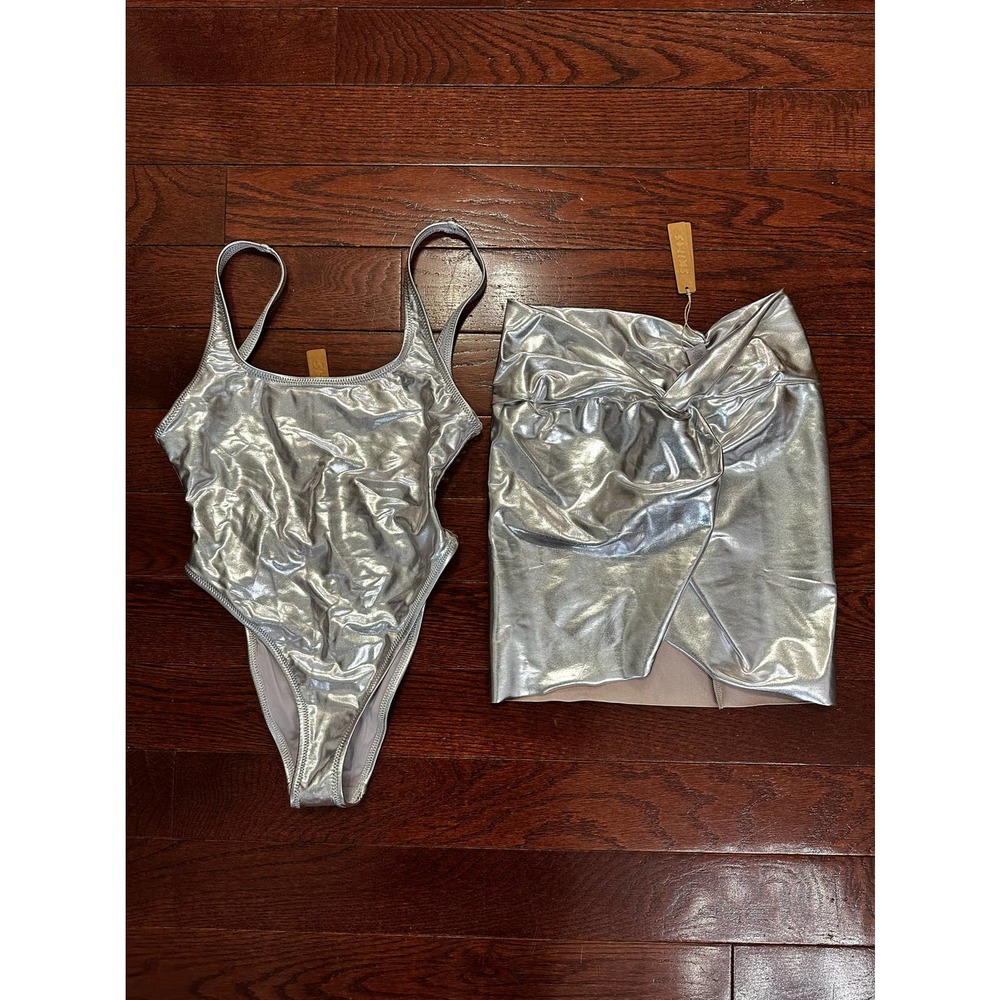 NWT SKIMS Swim Metallic Collection One Piece and Sarong Nickel